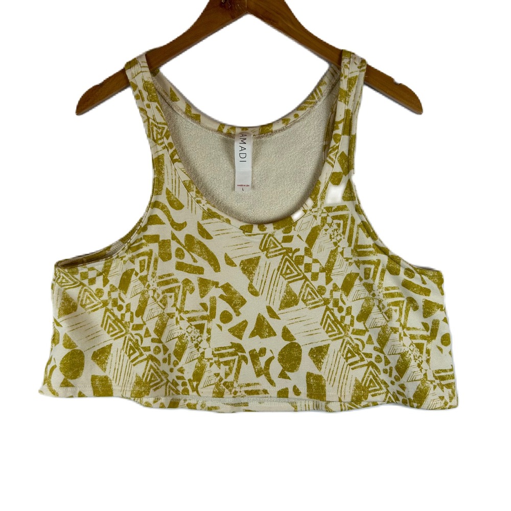 Amadi Womens L Chartreuse Geometric Tribal Print‎ Cotton Sweatshirt Crop Top